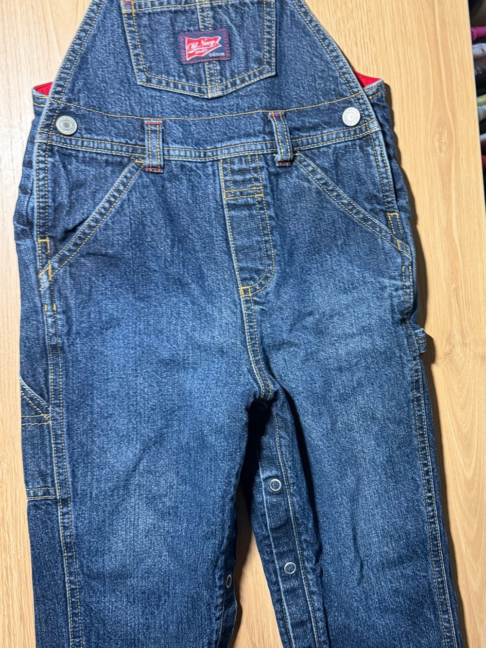 Old Navy 2T Dark Blue Denim Relaxed Overalls with Red Fleece